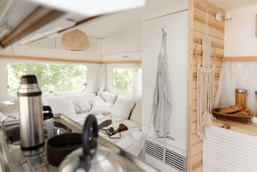 The inside of a cozy, decorated RV